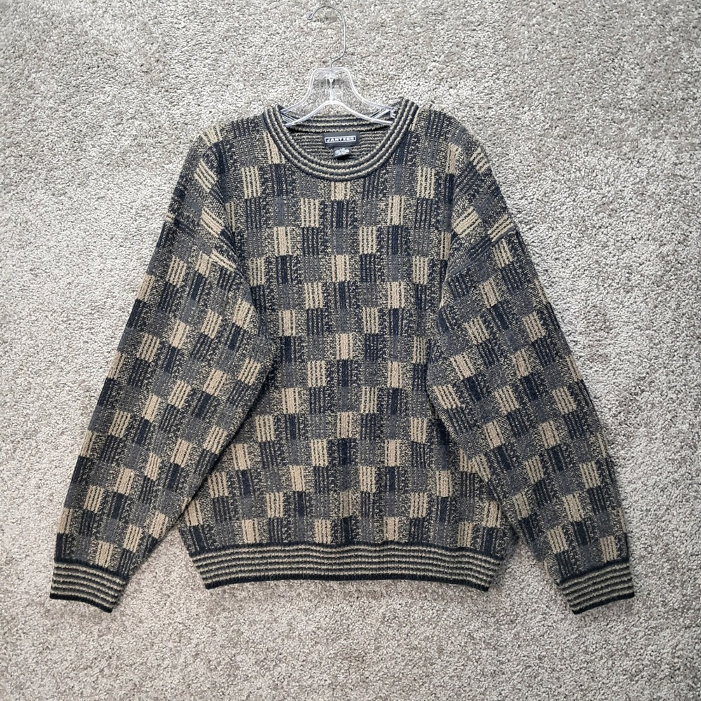Vintage Jantzen Mens Large Brown Checkerboard Knit Crewneck Sweater 100% Acrylic